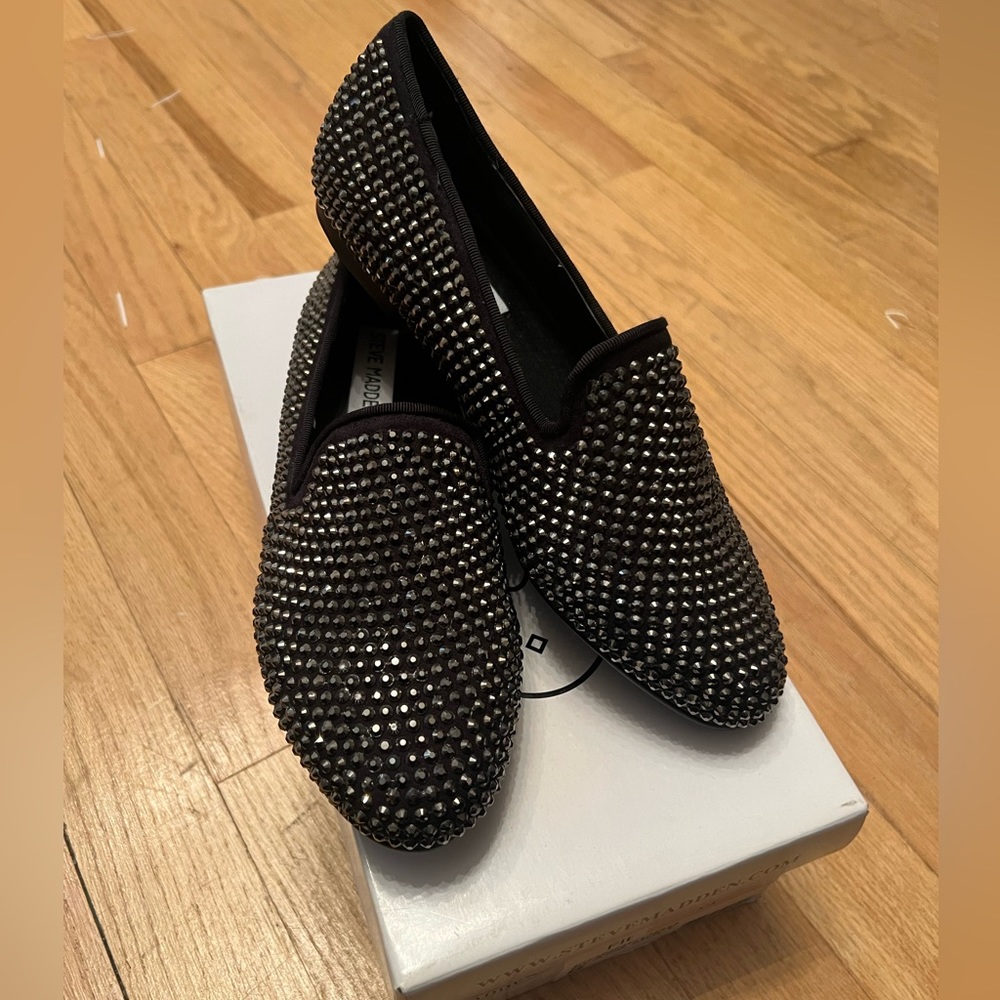 Steven BY Steve Madden Black Rhinestone Flats Shoes